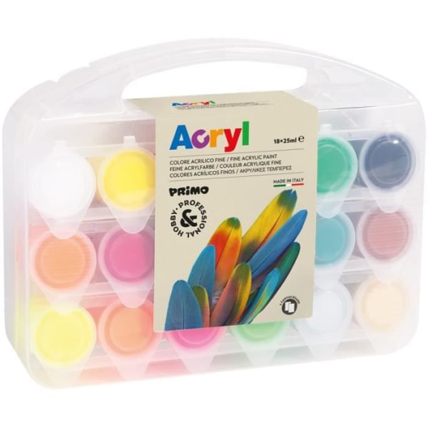PRIMO 416TB18ASP Fint akrylmalingssæt i 25 ml gryde. Multifunktions etui med 12 normale farver, 4 fluorescerende, guld, 12 normala färger, 4 fluorescerande