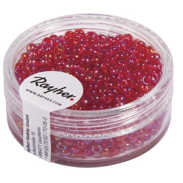 Rocailles, 2,6 mm ø, transparent blank, röd, kartong 17 g