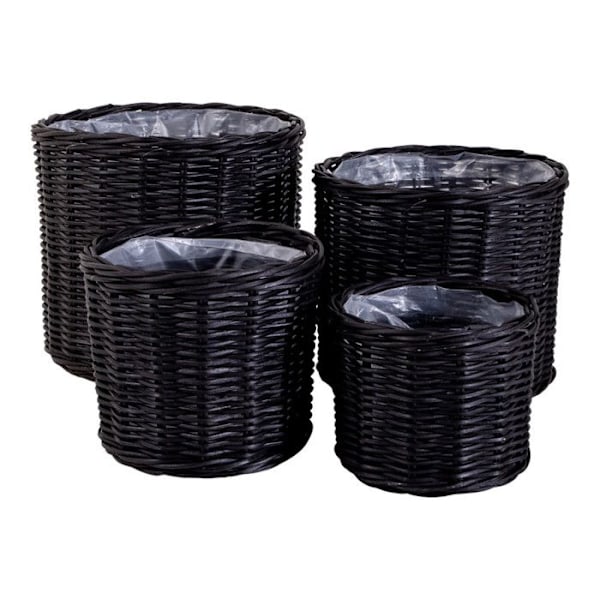 4 runda svarta rottingkorgar med plastbelagd insida Svart
