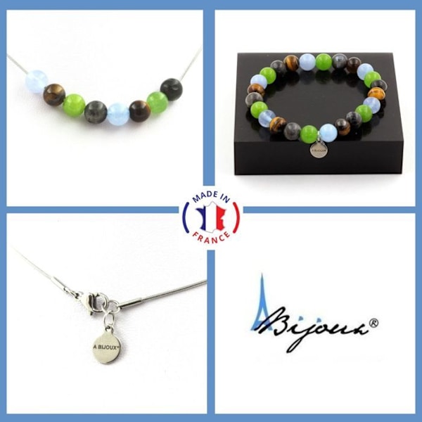 Kivet ja Mineraalit. Akvamariini + Tiger Eye Beads rannekoru kaulakorusetti + mukautettava koko. Blå grön