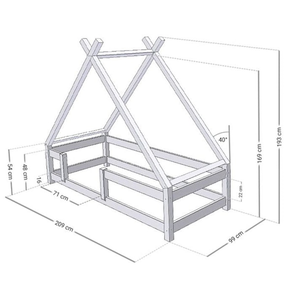 Lasten Tipi-sänky harmaalla massiivipuisella esteellä 90 x 200 cm Grå