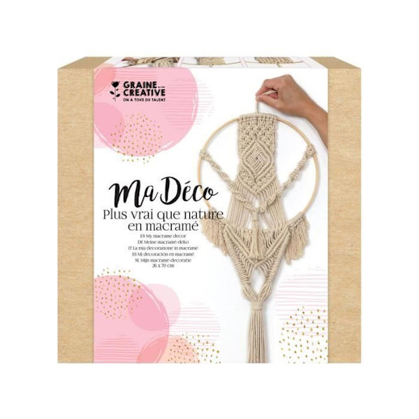 Macramé kit - Elfenben - Bambus cirkel ophæng - 26 x 70 cm - Bohemian dekoration - DIY