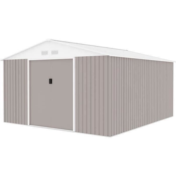 Metal havehus 12,99 m² - 340 x 382 x 210 cm - NEPTUNE - Inkluderet fundament kit, 2 skydedøre - Taupe Mol