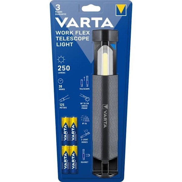 Torch-VARTA-Work Flex Telescope Light-250lm-Teleskopisk-Multi-use-Høj ydeevne LED-Magnetisk-IP54-4 AA-batterier inkluderet Svart