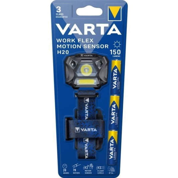 Frontal-VARTA-Work Flex Motion Sensor H20-150lm-Hands-free tändning-8 ljusnivåer-IP54-3 AAA-batterier ingår