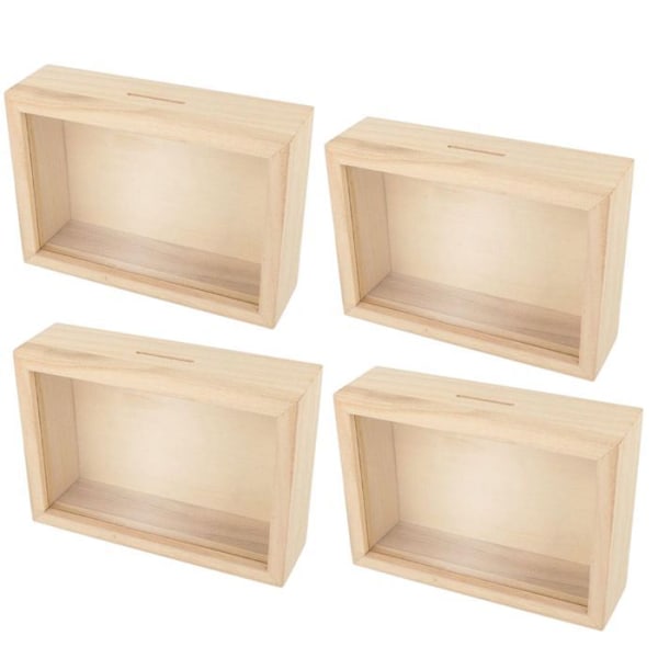 4 säästöpossua puukehyksellä koristeluun 12 x 17 cm Beige