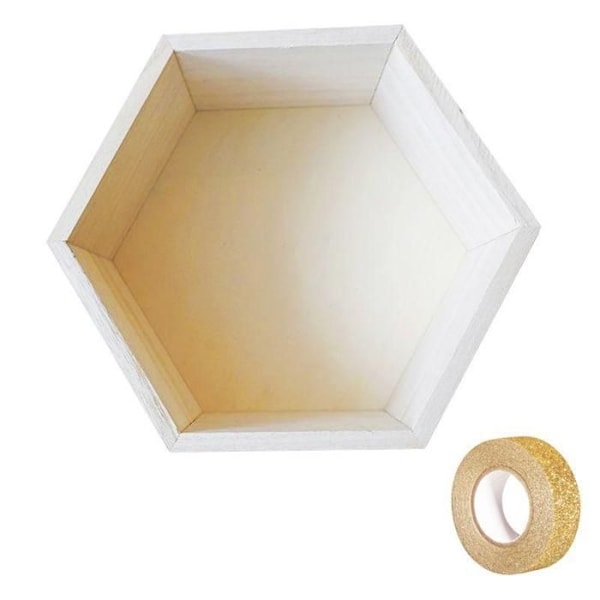 Hexagon hylla i trä 24 x 21 x 10 cm + gyllene glittrande maskeringstejp 5 m Beige