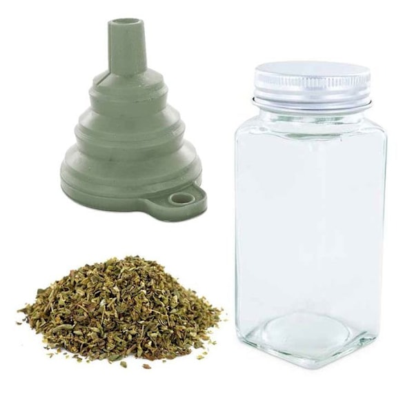 Kryddflaska i pulverform + tratt + ekologisk oregano 18 g