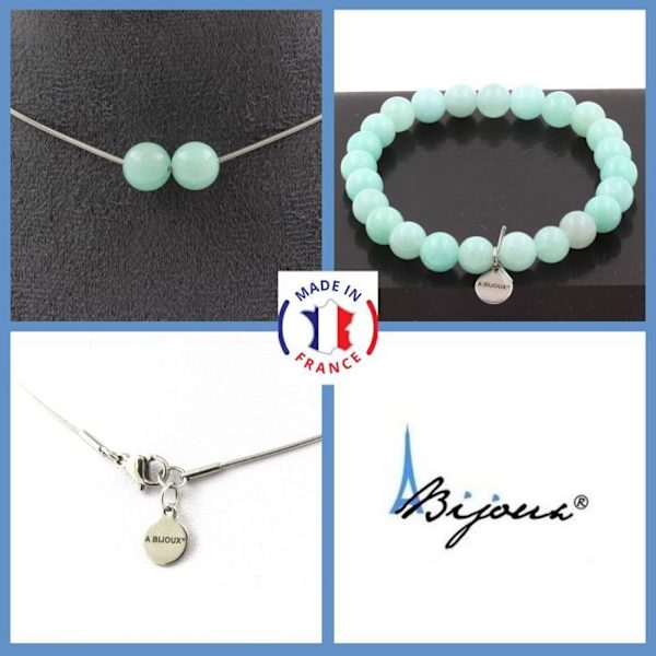 Sten og mineraler. Smykkesæt Armbånd Halskæde 2 Amazonite Perler 8 mm. Kæde i tilpasselig størrelse.