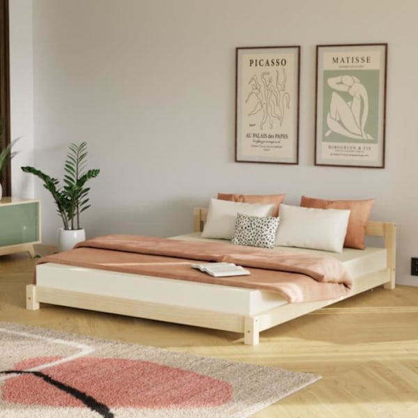 Skandinavisk dubbelsäng i trä - GENERIQUE - COMFY - 2 platser - Lamell - Beige Beige