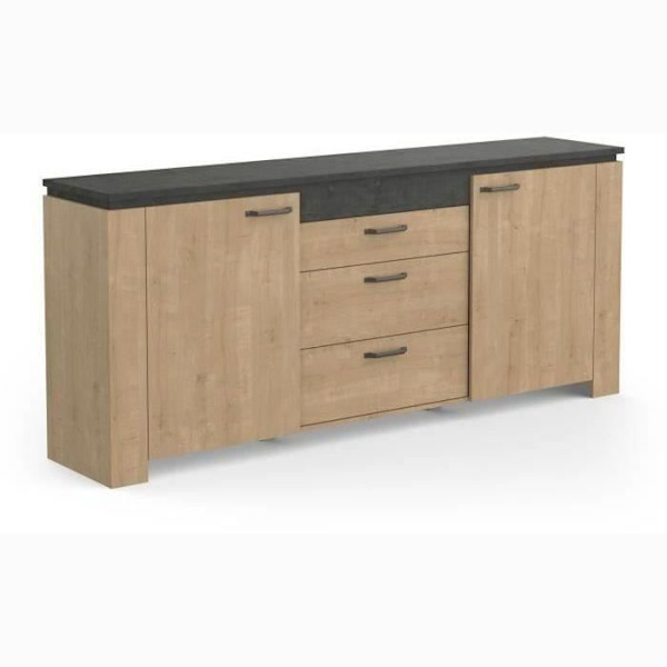 Stuesæt - AUSTIN - Spisebord 170x90 cm - Vitrine - 2-dørs skænk - Hamilton eg og grå Hamilton Ek/trottoar