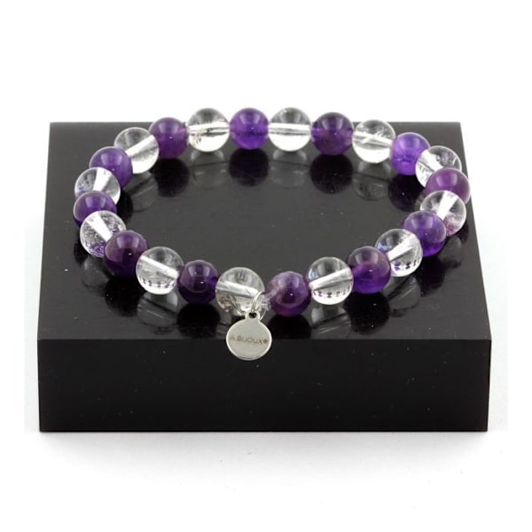 Sten og mineraler. Ametyst + Quartz Beads Armbånd 8 mm. Fremstillet i Frankrig. Lila