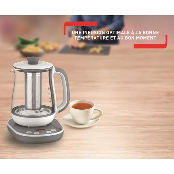 TEFAL BJ551B10 Tastea Glass -teekeitin 1,5 L, 8 asetusta, Irrotettava ruostumattomasta teräksestä valmistettu teekori, Pidä lämpimänä, 360° pohja