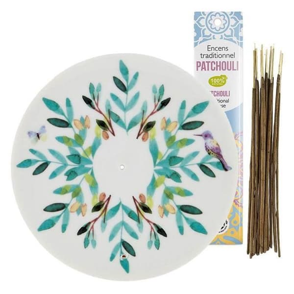 Akvarelporcelænsrøgelsesholder + indisk røgelse med Patchouli Multifarvet