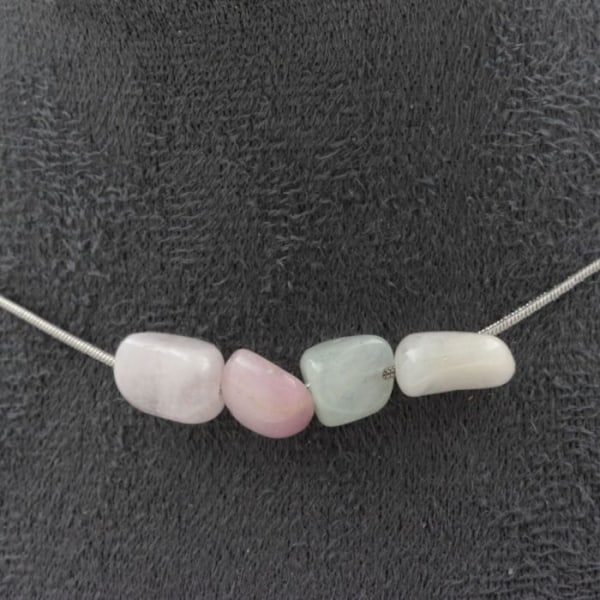 Collier - ABIJOUX - Béryl Morganite - 4 perler - Rustfrit stål - Længde 45 cm tilpasselig Rosa