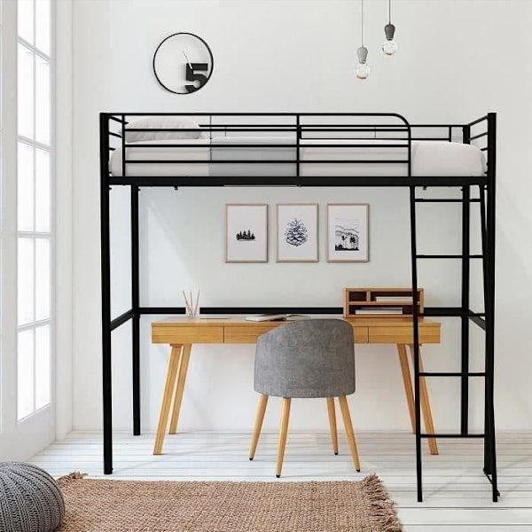 ELIOT børne mezzaninseng i sort metal 90x190cm med boxspring medfølger Svart