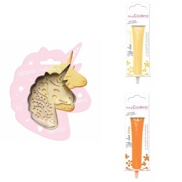 Unicorn præget kiksesæt + 2 pastelgule og orange chokoladepenne Grå