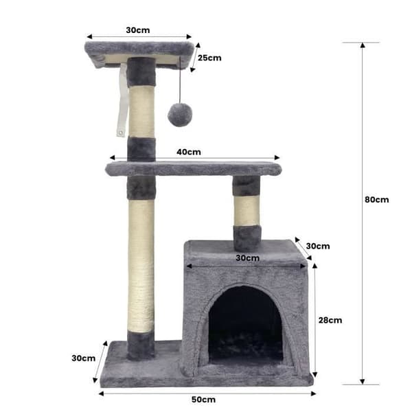 VALMUE Grå kattetræ 50 x 30 x 80 cm - 2 platforme, 1 niche, kradsestolper Grå