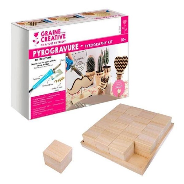 Coffret til pyrogravur + 16 træklodser 6 cm
