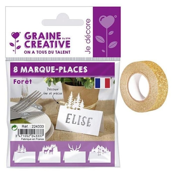 Skogsjulbord bordskort + gyllene glitter maskeringstejp 5 m Guld, vit