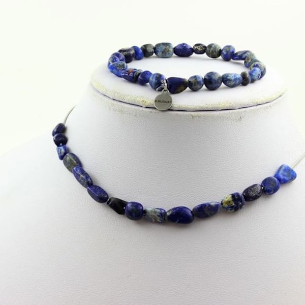 Stenar och mineraler. Smyckesset Armband Halsband 15 Lapis Lazuli Pärlor från Pakistan. Anpassningsbar storlek.