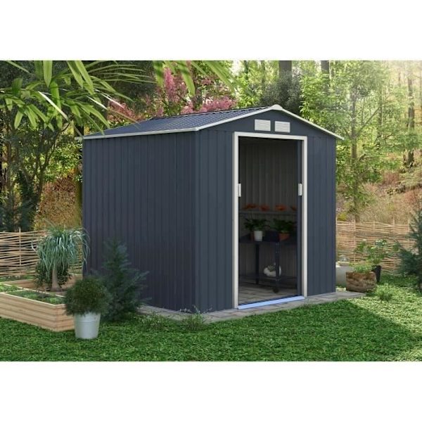 Metallisk trädgårdsskjul 4,07 m² - 213 x 191 x 195 cm - MARS - Förankringskit inkluderat, 2 skjutdörrar - Grå Kolgrå