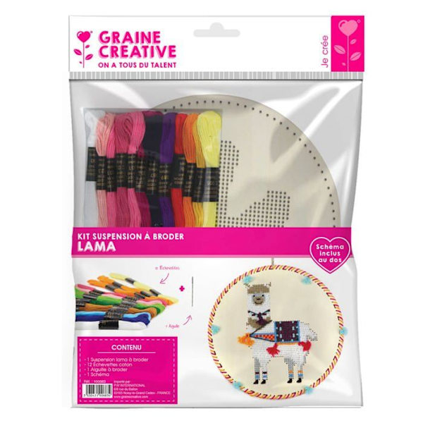 Broderikit - GRAINES CREATIVES - Lama - Hvid, Rosa, Grøn - Unik Dekoration - DIY