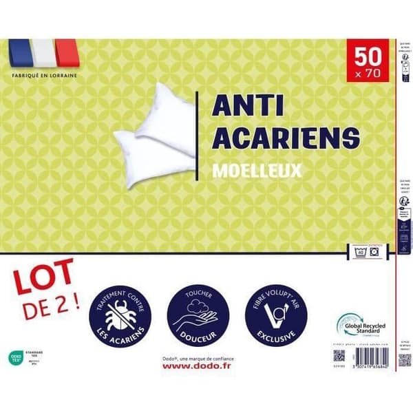 Sæt med 2 allergivenlige puder 50x70 cm - 100% polyester - DODO