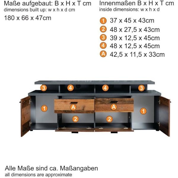 MOOD TV-kaappi 2 ovea ja 2 laatikkoa - Vanhentunutta puuta ja mattaharmaa melamiinia - L 180 x 47 x 66 cm Åldrat trä och mattgrå