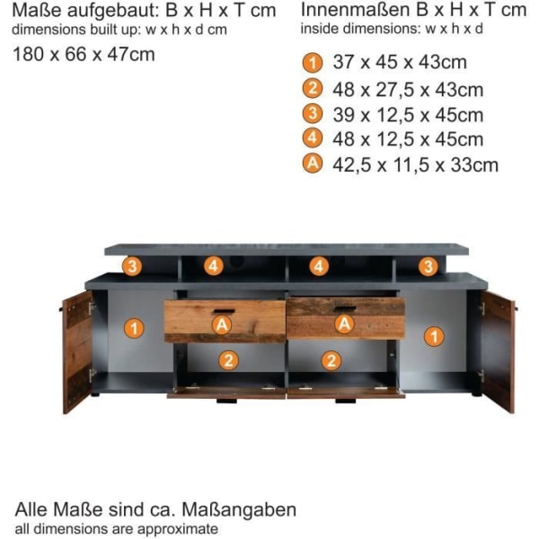 MOOD TV-skåp 2 dörrar och 2 lådor - Åldrat trä och mattgrå melamin - L 180 x 47 x 66 cm Åldrat trä och mattgrå