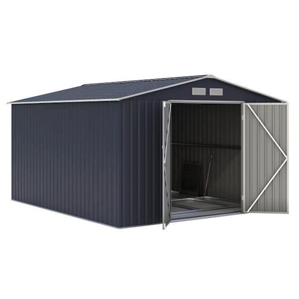 Metal havestue 8,84 m² - 277 x 319 x 202 cm - VELASCO - Inkluderet forankringskit, 2 dobbeltporte - Grå Kolgrå