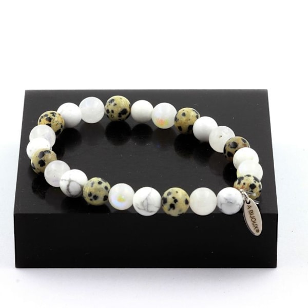 Rannekoru - ABIJOUX - Howlite, Dalmatian Jasper, Kuun kivi - 8 mm - Pituus 19-20 cm - Sekä miehille että naisille Vit, beige, svart