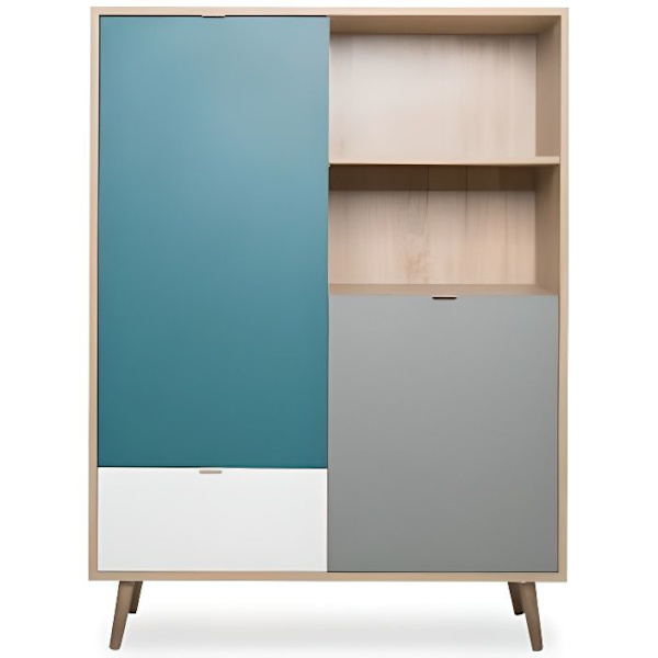 Hög skänk - Sonoma ek, vit, grå och blå - Skandinavisk stil - CUBA - L 103 x D 40 x H 139 cm Sonoma Ek/Vit/Grå/Blå