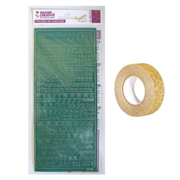Gröna alfabetklistermärken 10,5 x 23,2 cm + guldglitter maskeringstejp 5 m Grön