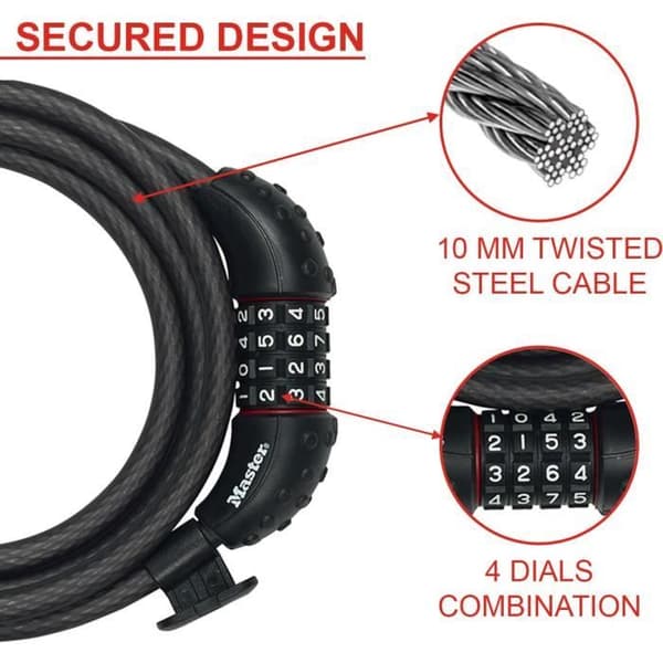 Cykellås - MASTER LOCK - 8120EURDPRO - Fleksibel stålkabel - 1,8 m længde