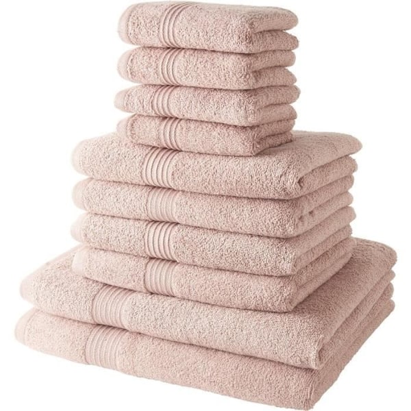 Sæt med 10 TODAY badehåndklæder inklusive 4 30x50 håndklæder + 4 50x90 håndklæder + 2 70x130 cm badelagner 100% bomuld - Pink Rosa