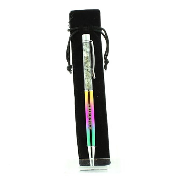 Sten og mineraler. Grøn Rutil Quartz mineral pen fra Brasilien. Flerfarvet farve. mångfärgad
