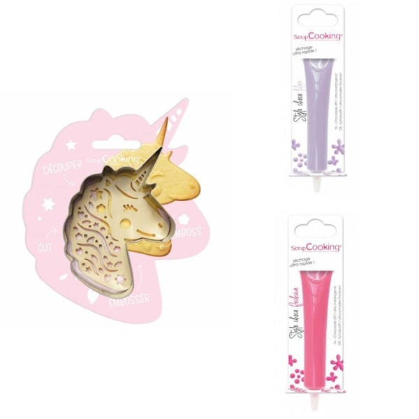 Kit för enhörningspräglad kaka + 2 lila och fuchsia chokladpennor Grå