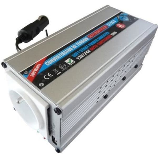 Automatisk 12V / 24V konverter til 220V - HTC TECHNIC - 200W med USB-A stik 0.5A Grå
