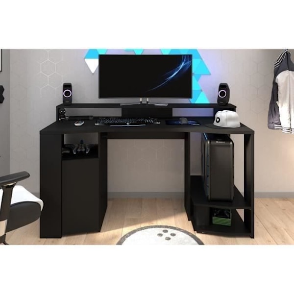 Lige LED gaming skrivebord - Sort - L 152 x D 61,5 x H 86,7 cm - Stort spilleområde - GAMING Svart