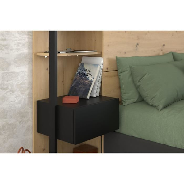 PARISOT Sengegavl med hylder + integrerede sengeborde - Eg og sort indretning - L 255 x D 36 x H 103 cm - HVID Ek och svart
