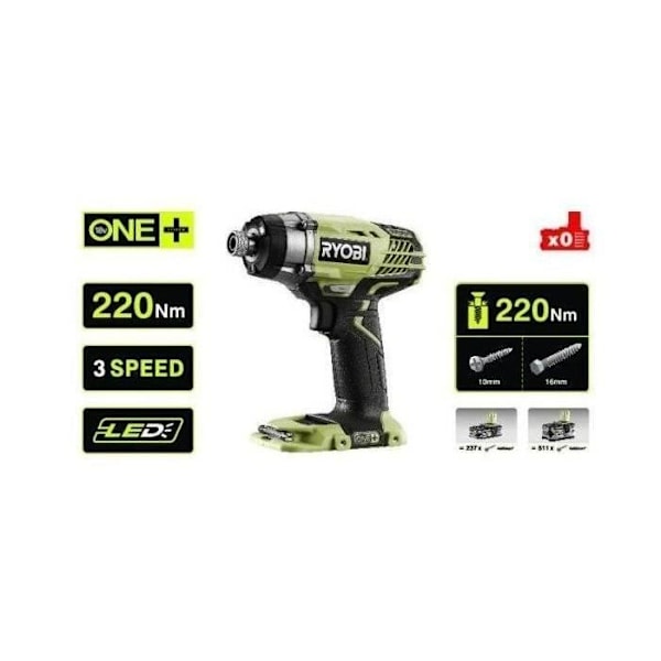 RYOBI - 18V ONE+ iskuruuvimeisseli - 3 tilaa: 40/120/220 Nm - 1/4" kuusiokäyttö - R18ID3-0 Grönt och kol