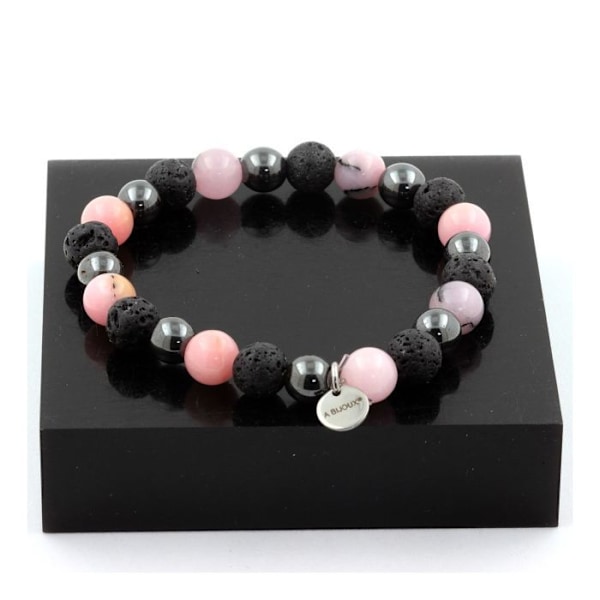 Sten og mineraler. Pink Opal + Hæmatit + Lava Perlearmbånd 8 mm. Fremstillet i Frankrig. Svart ros
