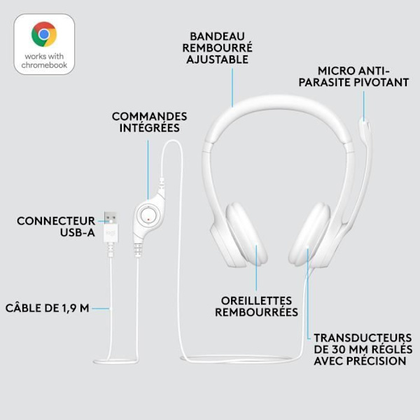 Hörlurar - Trådad - Logitech - H390 - USB - Störningsskydd - Vit Vit