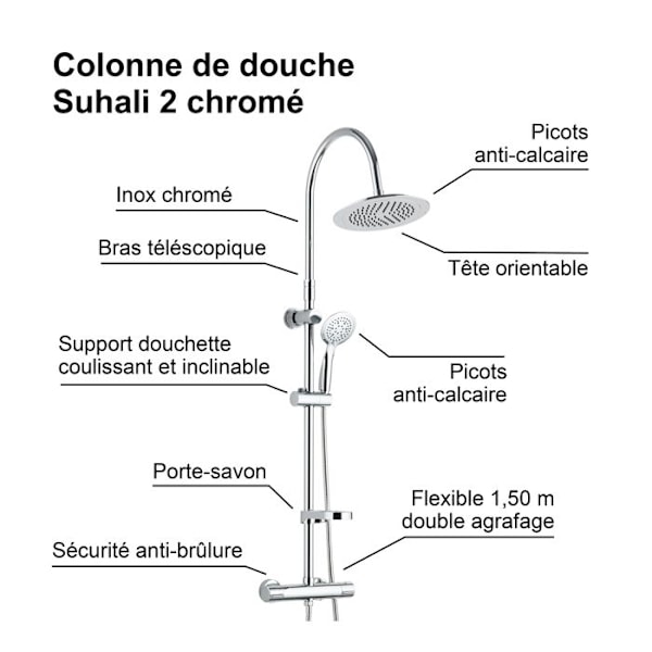 Edouard Rousseau - Brusekolonne med SUHALI 2-armatur - Forkromet grå