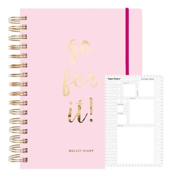 Agenda Bullet journal rosa med spiraler 96 ark + Fyrkantig stencil