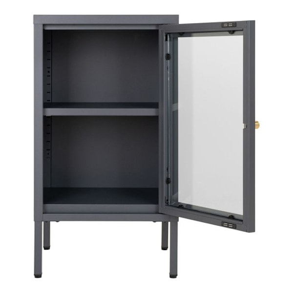 Liten 1-dörrars skänk 38x35x70 cm i glas och grå metall mörkgrå