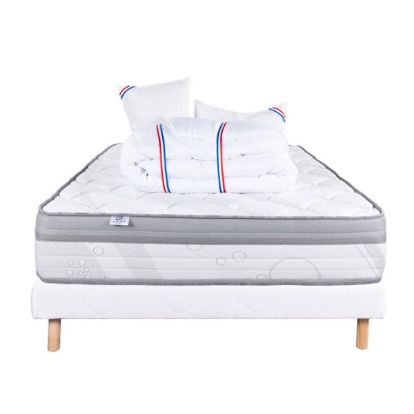 Avslappningsmadrassset, 26 cm pocketfjädrar, vändbar fast + vit bas 13 cm tjock + 2 kuddar + täcke Vit