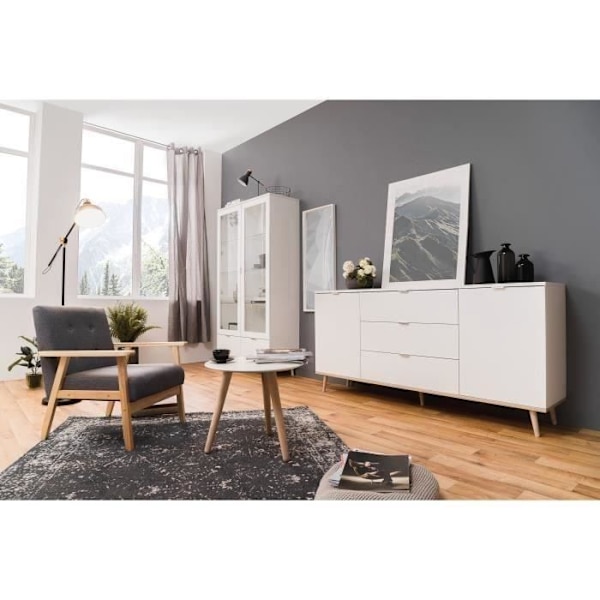 GÖTEBORG Låg skänk - Skandinavisk stil - Ek och vit dekor - L 180 cm Vit och borstad ek