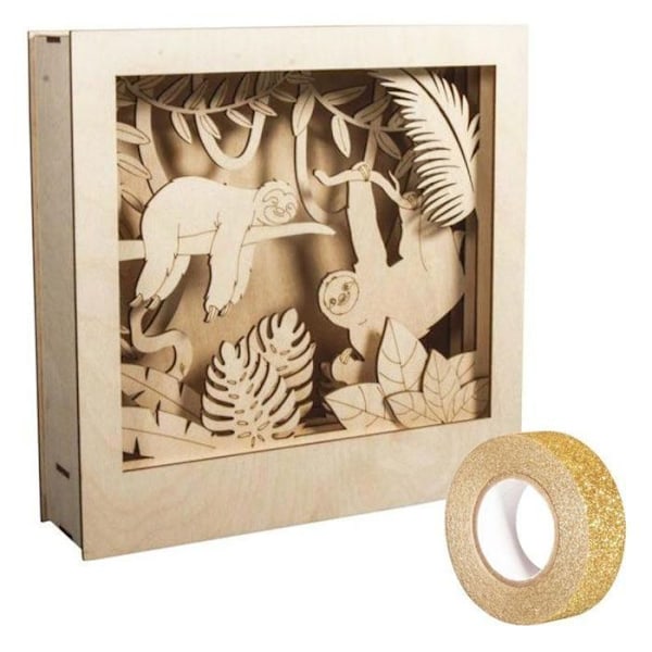 3D mønster træramme med dovendyr 24 x 24 cm + gyldent glimmer masking tape 5 m Beige